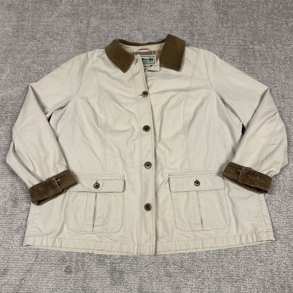 LL Bean Chore Jacket Women 2X Flannel Lined Barn Coat Beige Cotton Corduroy Trim